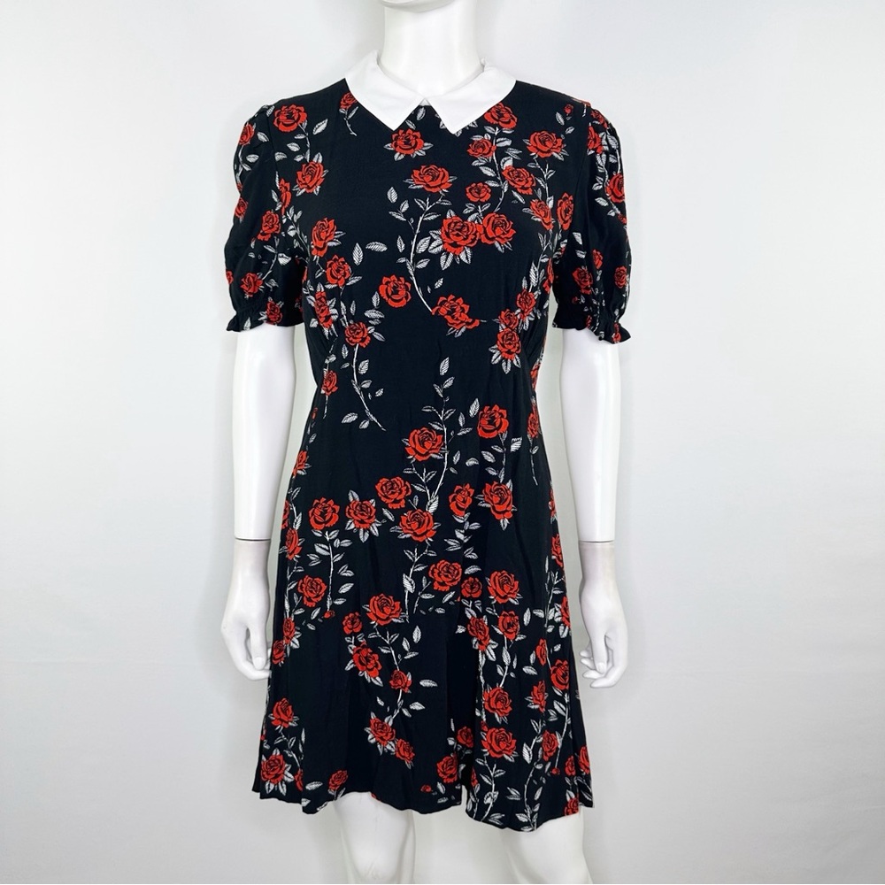 Sandro Black Rose Print LULU Mini Dress Size 8 US Removable Collar Gothic Floral